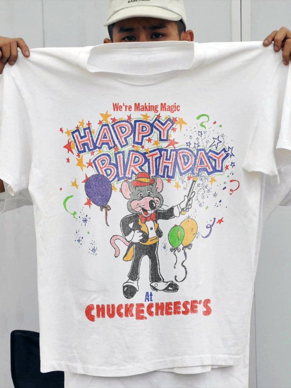 90s Chuck-E-Cheese Birthday Celebration Grail Rare White T-Shirt - Picture 1 of 1